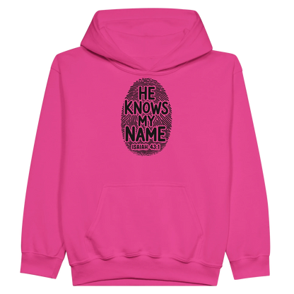 He Knows My Name Christian Midweight Fleece Youth Hooded Sweatshirt - ClaimedbyGodDesigns