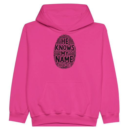 He Knows My Name Christian Midweight Fleece Youth Hooded Sweatshirt - ClaimedbyGodDesigns