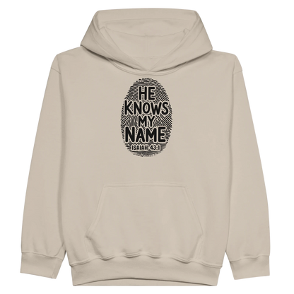 He Knows My Name Christian Midweight Fleece Youth Hooded Sweatshirt - ClaimedbyGodDesigns