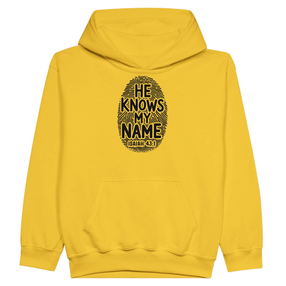 He Knows My Name Christian Midweight Fleece Youth Hooded Sweatshirt - ClaimedbyGodDesigns