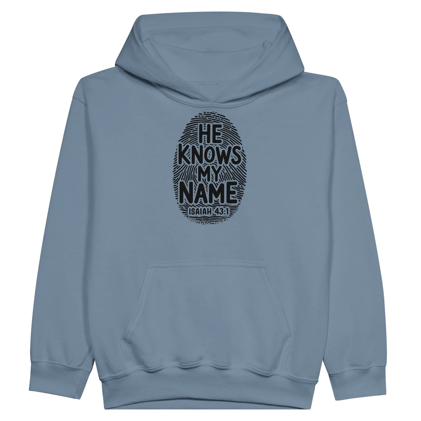 He Knows My Name Christian Midweight Fleece Youth Hooded Sweatshirt - ClaimedbyGodDesigns