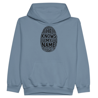He Knows My Name Christian Midweight Fleece Youth Hooded Sweatshirt - ClaimedbyGodDesigns