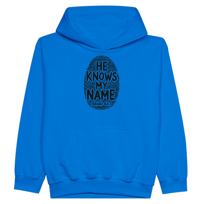 He Knows My Name Christian Midweight Fleece Youth Hooded Sweatshirt - ClaimedbyGodDesigns