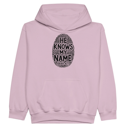 He Knows My Name Christian Midweight Fleece Youth Hooded Sweatshirt - ClaimedbyGodDesigns