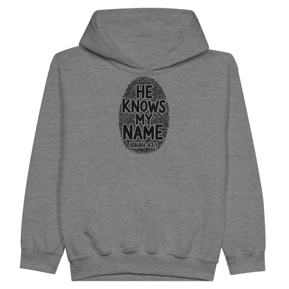 He Knows My Name Christian Midweight Fleece Youth Hooded Sweatshirt - ClaimedbyGodDesigns