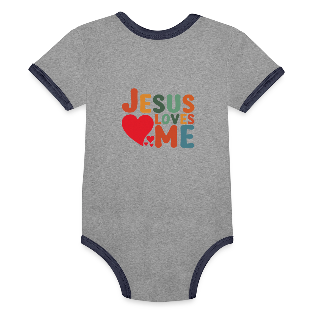 He Loves Me Organic Contrast Short Sleeve Christian Baby Onesie - ClaimedbyGodDesigns