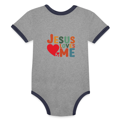 He Loves Me Organic Contrast Short Sleeve Christian Baby Onesie - ClaimedbyGodDesigns