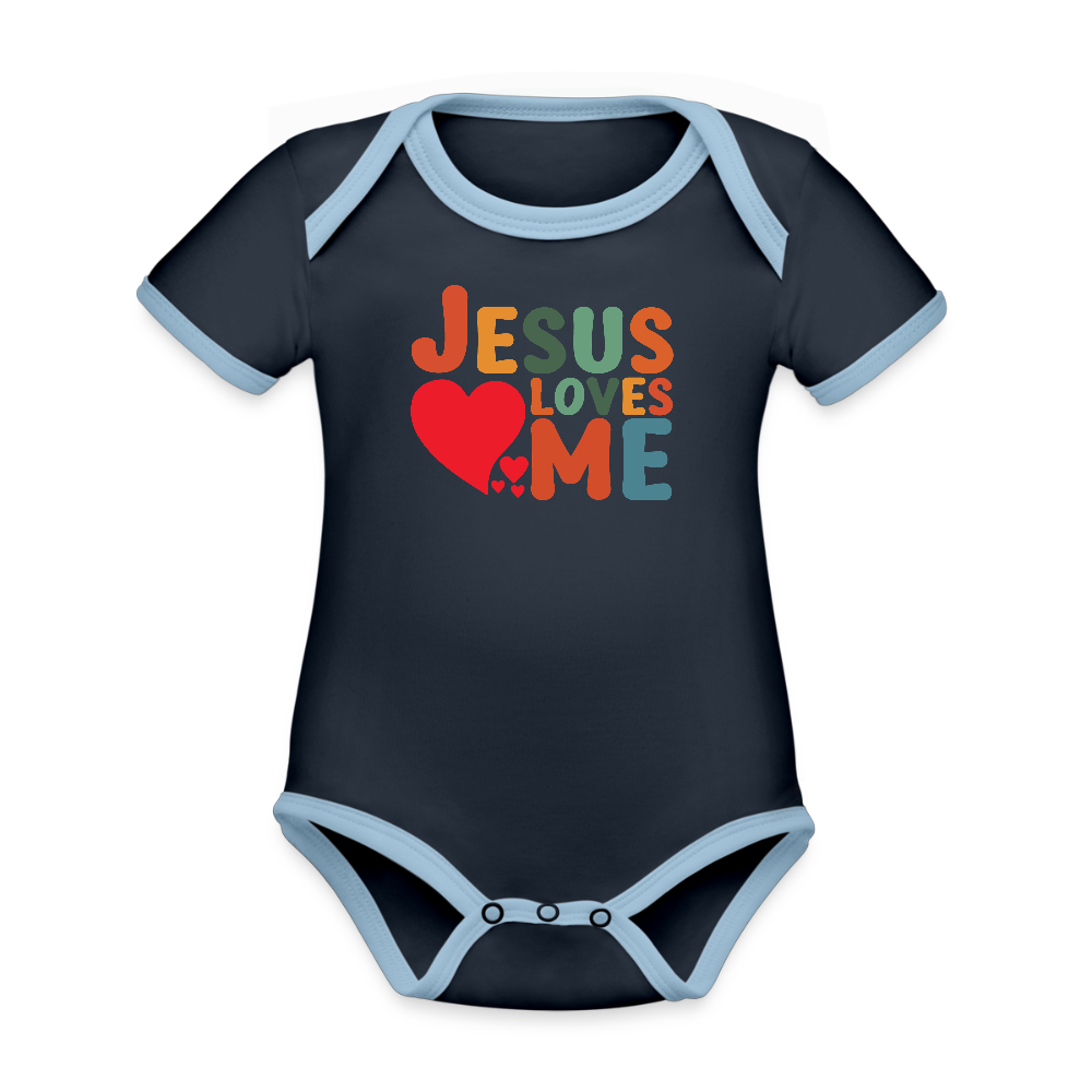 He Loves Me Organic Contrast Short Sleeve Christian Baby Onesie - ClaimedbyGodDesigns