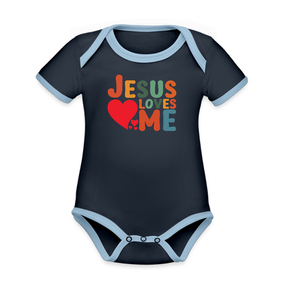 He Loves Me Organic Contrast Short Sleeve Christian Baby Onesie - ClaimedbyGodDesigns