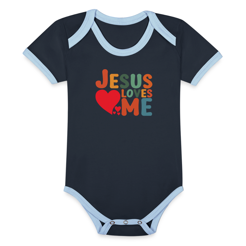 He Loves Me Organic Contrast Short Sleeve Christian Baby Onesie - ClaimedbyGodDesigns