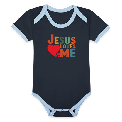 He Loves Me Organic Contrast Short Sleeve Christian Baby Onesie - ClaimedbyGodDesigns