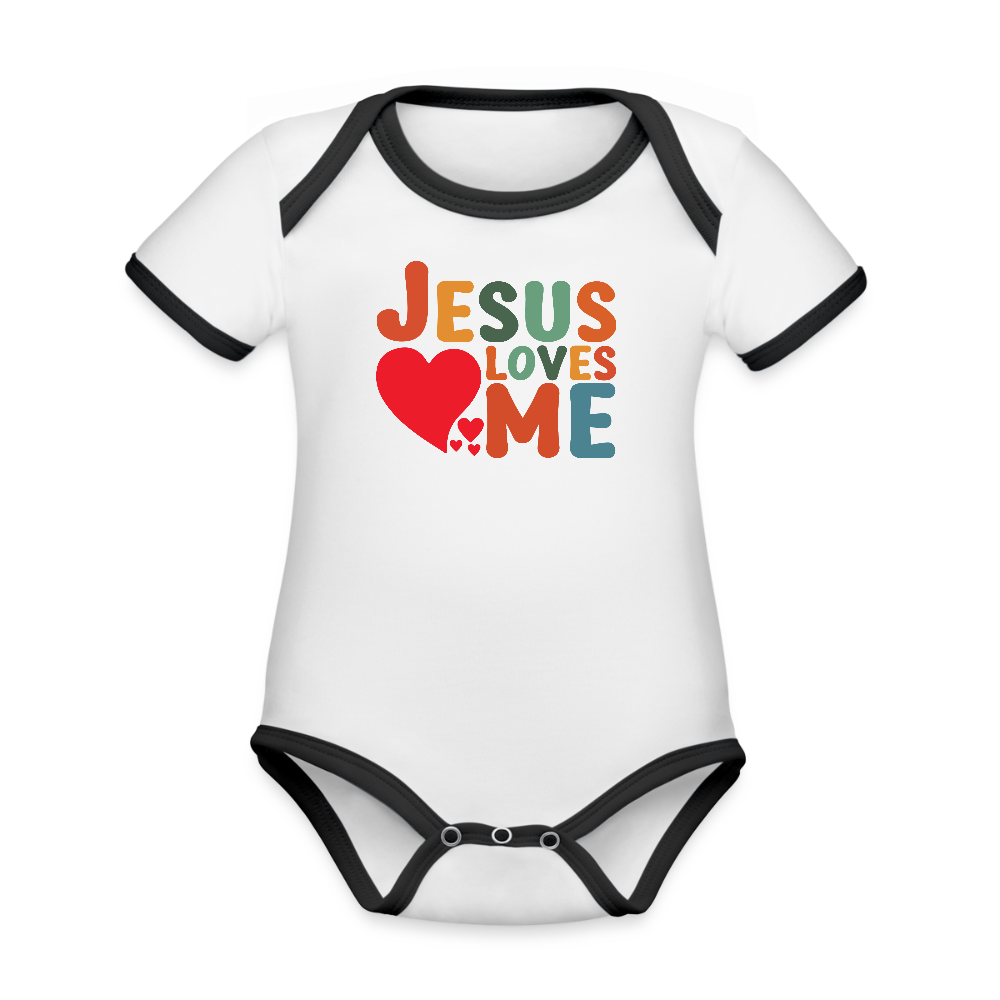 He Loves Me Organic Contrast Short Sleeve Christian Baby Onesie - ClaimedbyGodDesigns