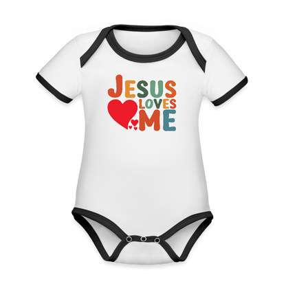 He Loves Me Organic Contrast Short Sleeve Christian Baby Onesie - ClaimedbyGodDesigns