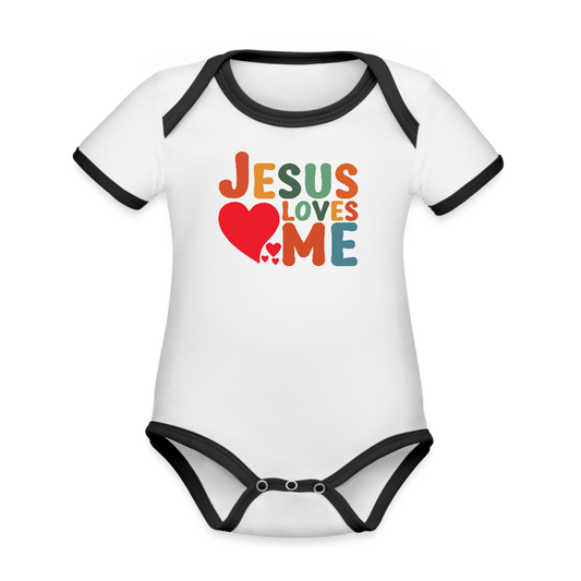He Loves Me Organic Contrast Short Sleeve Christian Baby Onesie - ClaimedbyGodDesigns