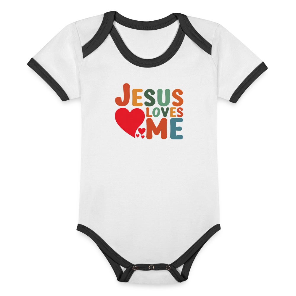 He Loves Me Organic Contrast Short Sleeve Christian Baby Onesie - ClaimedbyGodDesigns