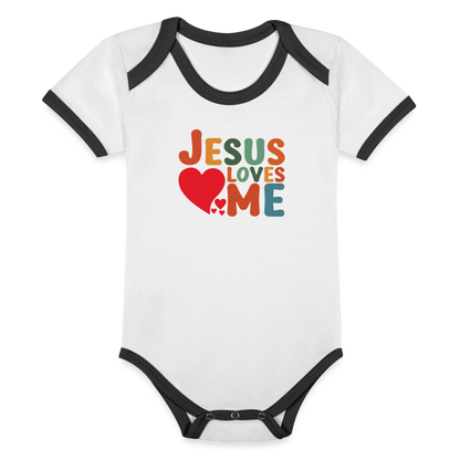 He Loves Me Organic Contrast Short Sleeve Christian Baby Onesie - ClaimedbyGodDesigns