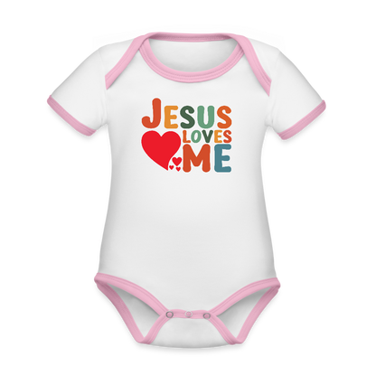 He Loves Me Organic Contrast Short Sleeve Christian Baby Onesie - ClaimedbyGodDesigns