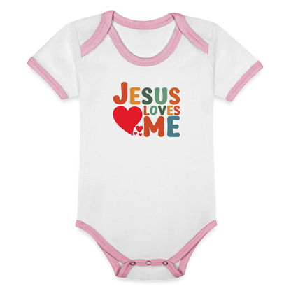 He Loves Me Organic Contrast Short Sleeve Christian Baby Onesie - ClaimedbyGodDesigns