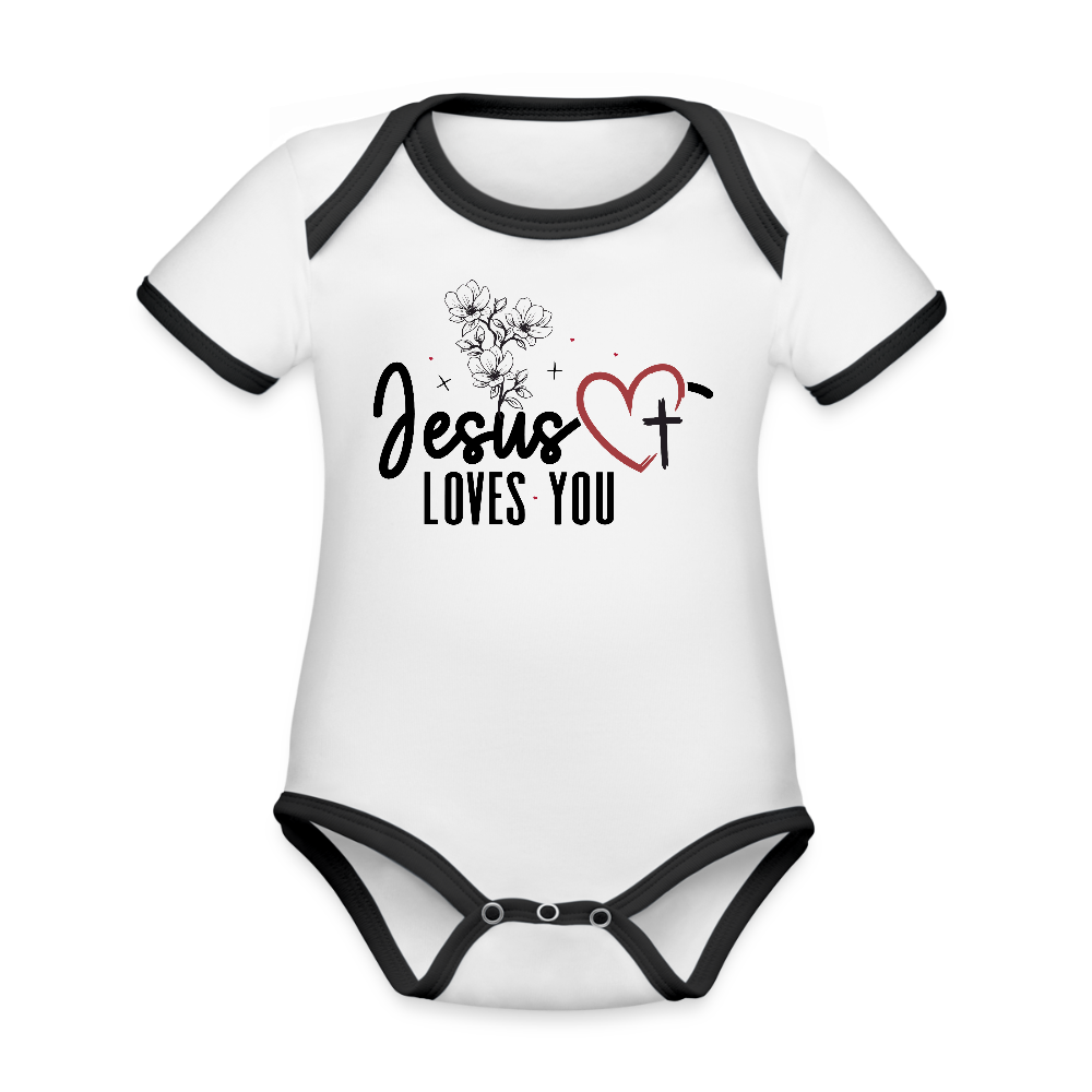He Loves you Christian Organic Contrast Short Sleeve Baby Onesie - ClaimedbyGodDesigns