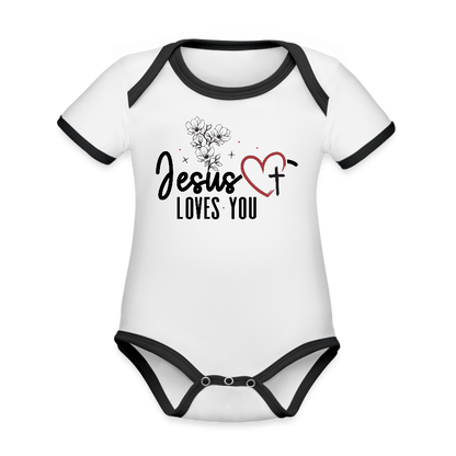 He Loves you Christian Organic Contrast Short Sleeve Baby Onesie - ClaimedbyGodDesigns