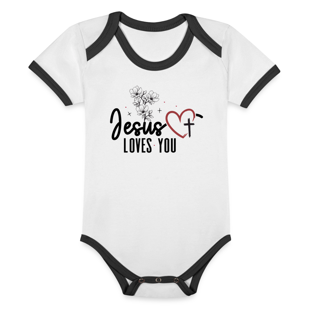 He Loves you Christian Organic Contrast Short Sleeve Baby Onesie - ClaimedbyGodDesigns