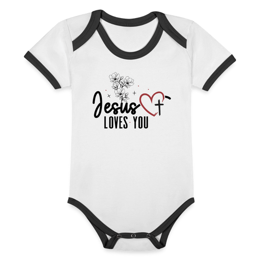 He Loves you Christian Organic Contrast Short Sleeve Baby Jumpsuit - ClaimedbyGodDesigns