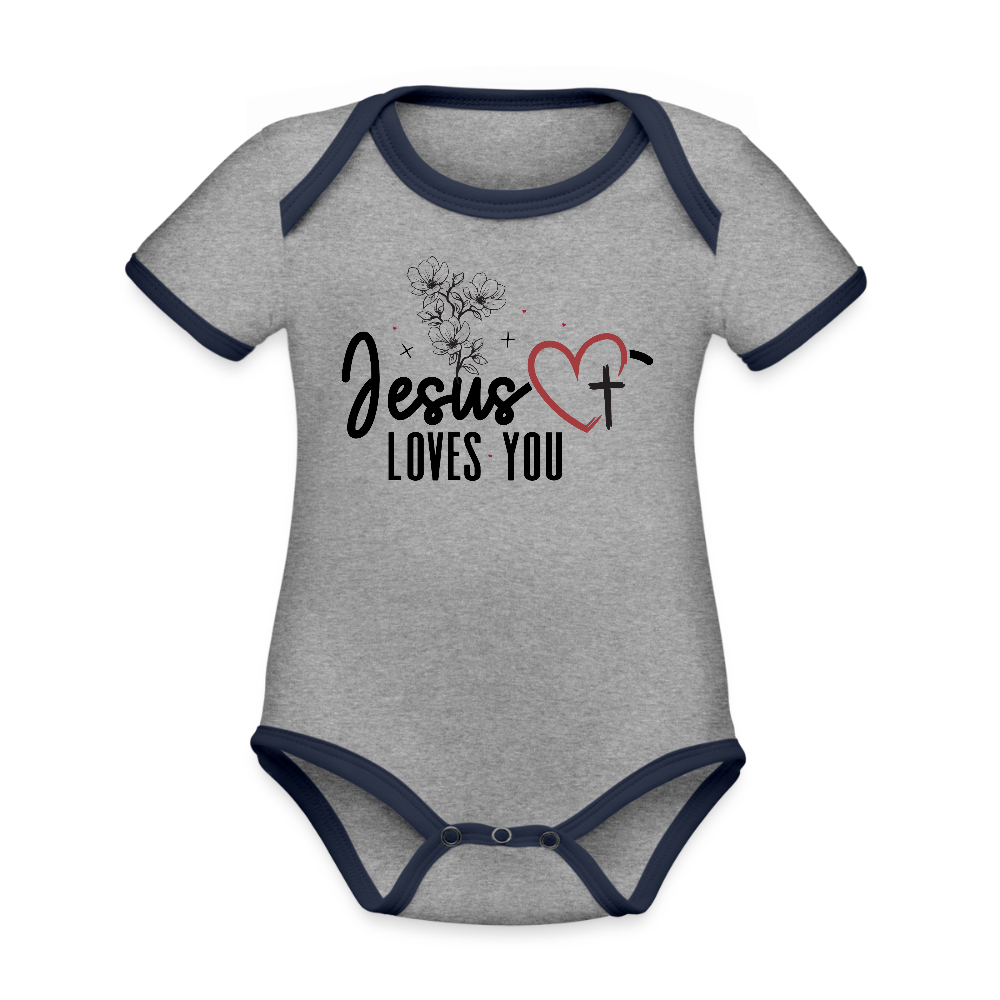 He Loves you Christian Organic Contrast Short Sleeve Baby Onesie - ClaimedbyGodDesigns