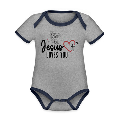 He Loves you Christian Organic Contrast Short Sleeve Baby Onesie - ClaimedbyGodDesigns