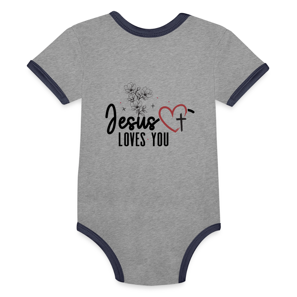He Loves you Christian Organic Contrast Short Sleeve Baby Onesie - ClaimedbyGodDesigns