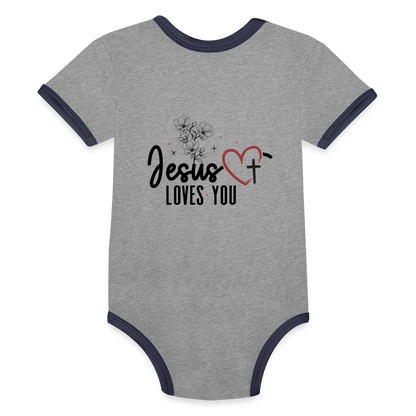 He Loves you Christian Organic Contrast Short Sleeve Baby Onesie - ClaimedbyGodDesigns