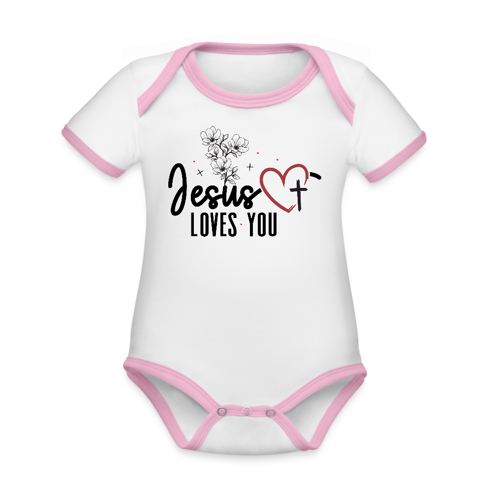 He Loves you Christian Organic Contrast Short Sleeve Baby Onesie - ClaimedbyGodDesigns