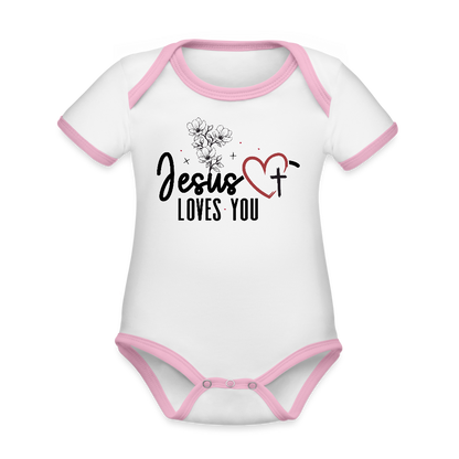 He Loves you Christian Organic Contrast Short Sleeve Baby Onesie - ClaimedbyGodDesigns