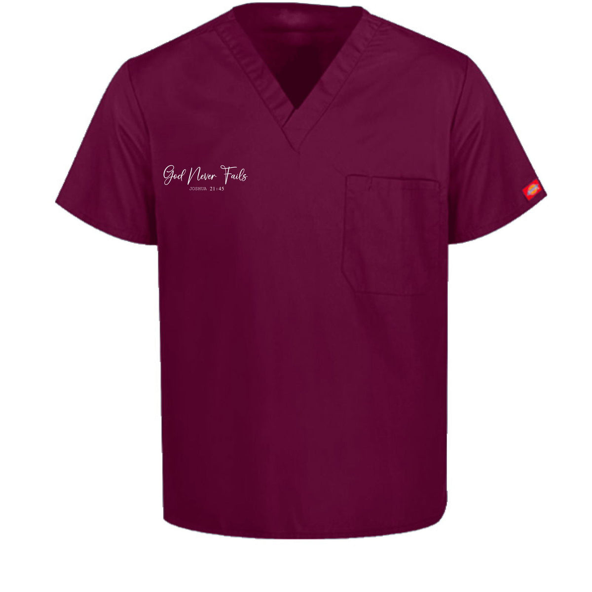 He Never Fails Unisex 1-Pocket Tuckable V-Neck Medical Scrub Top - ClaimedbyGodDesigns