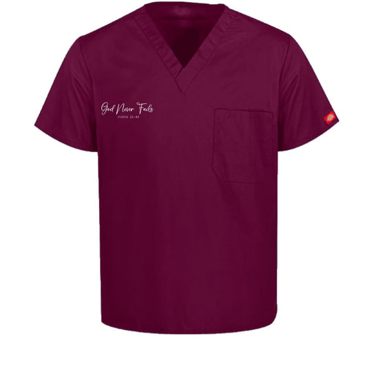 He Never Fails Unisex 1-Pocket Tuckable V-Neck Medical Scrub Top - ClaimedbyGodDesigns