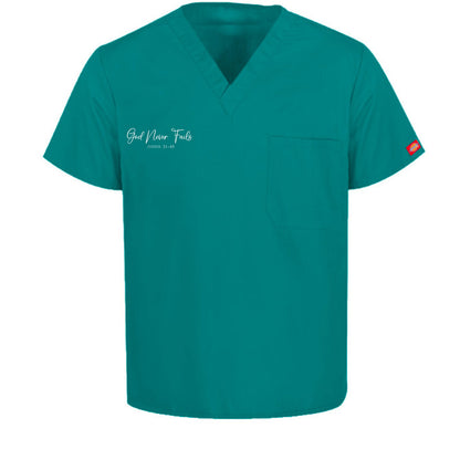 He Never Fails Unisex 1-Pocket Tuckable V-Neck Medical Scrub Top - ClaimedbyGodDesigns