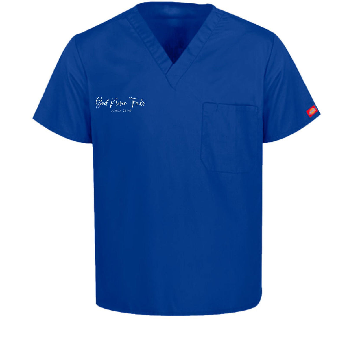 He Never Fails Unisex 1-Pocket Tuckable V-Neck Medical Scrub Top - ClaimedbyGodDesigns