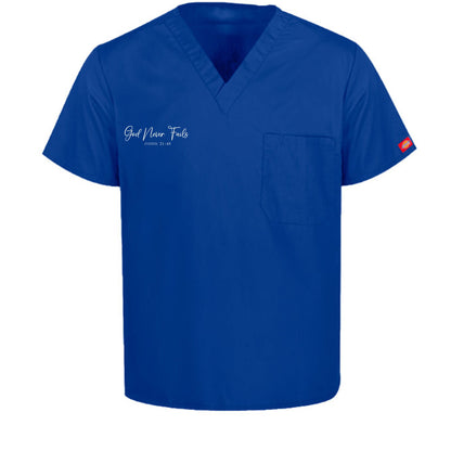 He Never Fails Unisex 1-Pocket Tuckable V-Neck Medical Scrub Top - ClaimedbyGodDesigns