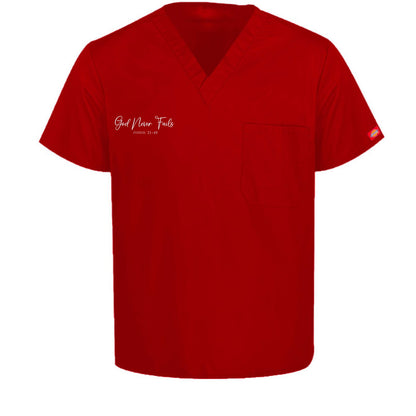 He Never Fails Unisex 1-Pocket Tuckable V-Neck Medical Scrub Top - ClaimedbyGodDesigns