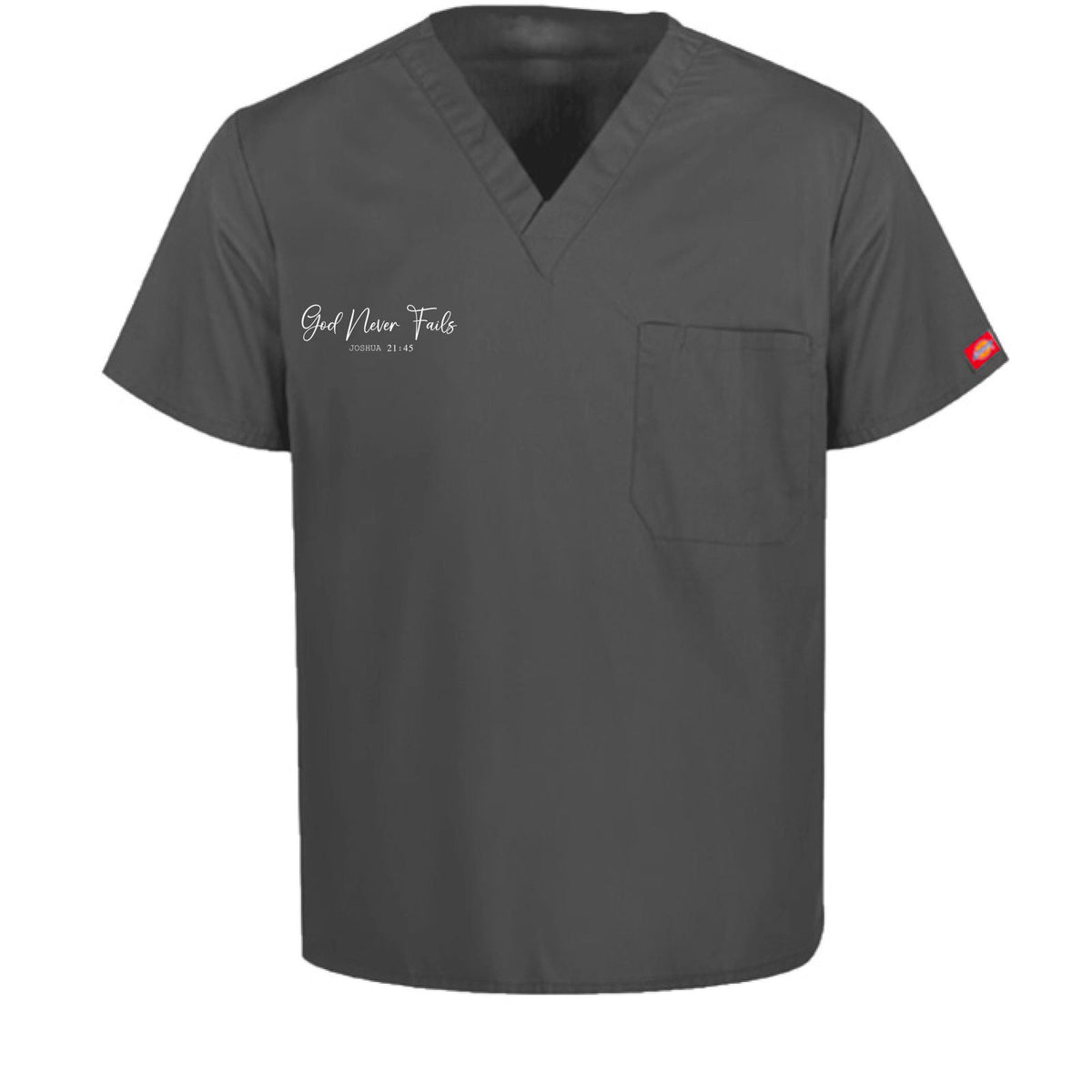He Never Fails Unisex 1-Pocket Tuckable V-Neck Medical Scrub Top - ClaimedbyGodDesigns