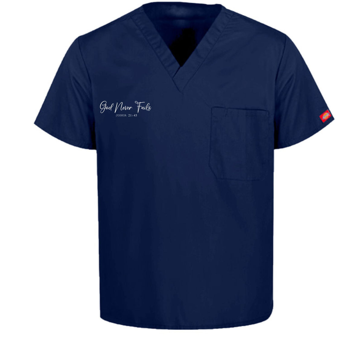 He Never Fails Unisex 1-Pocket Tuckable V-Neck Medical Scrub Top - ClaimedbyGodDesigns