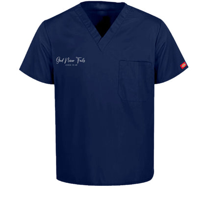 He Never Fails Unisex 1-Pocket Tuckable V-Neck Medical Scrub Top - ClaimedbyGodDesigns