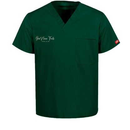 He Never Fails Unisex 1-Pocket Tuckable V-Neck Medical Scrub Top - ClaimedbyGodDesigns