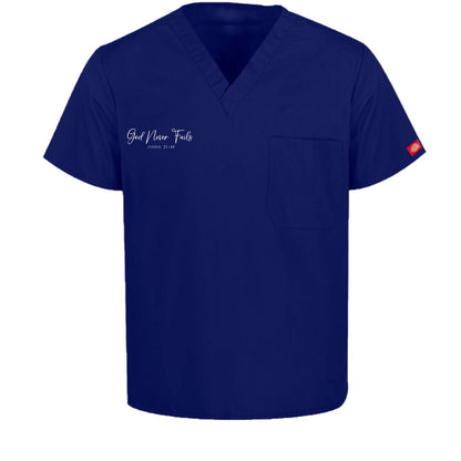 He Never Fails Unisex 1-Pocket Tuckable V-Neck Medical Scrub Top - ClaimedbyGodDesigns