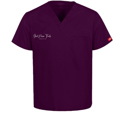 He Never Fails Unisex 1-Pocket Tuckable V-Neck Medical Scrub Top - ClaimedbyGodDesigns