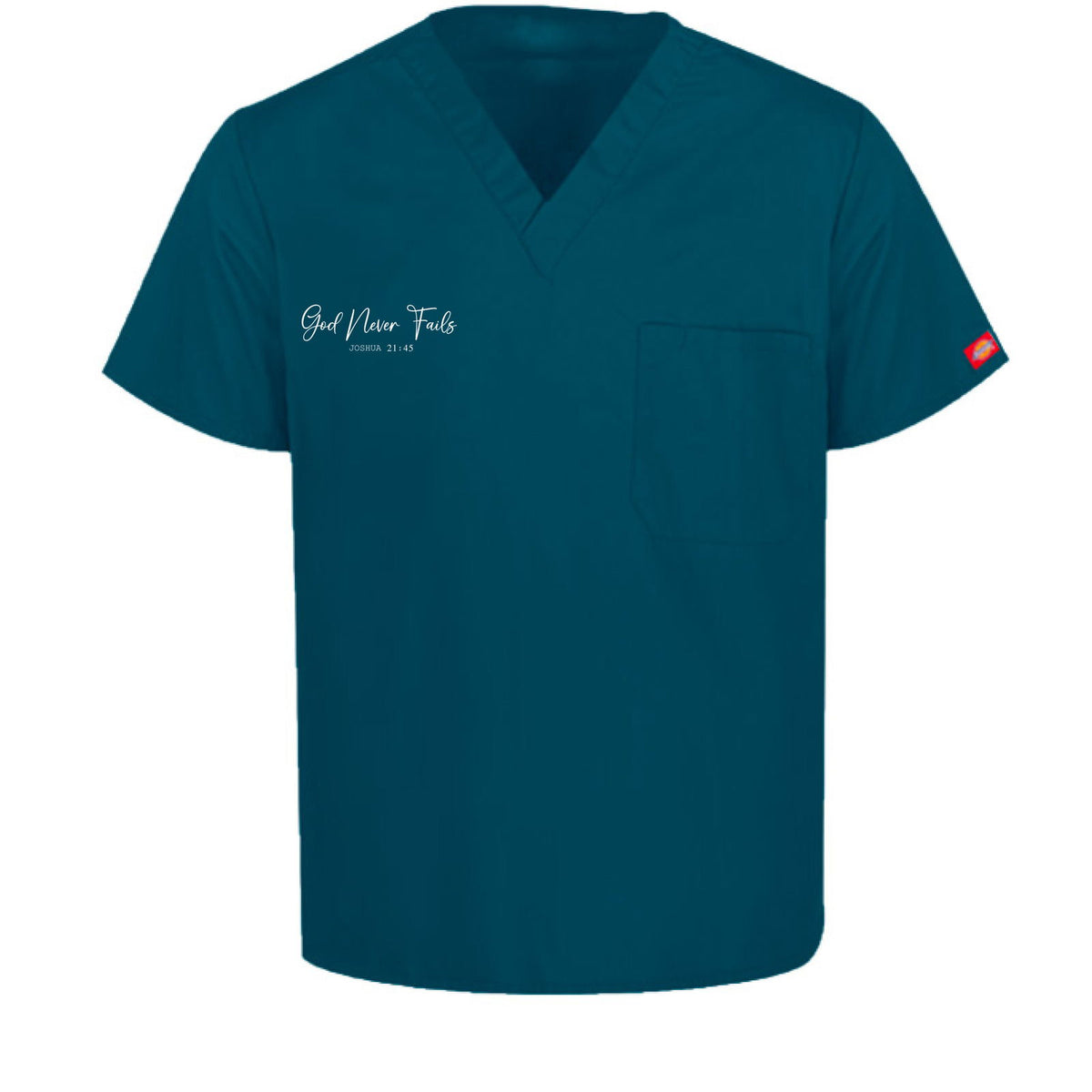 He Never Fails Unisex 1-Pocket Tuckable V-Neck Medical Scrub Top - ClaimedbyGodDesigns
