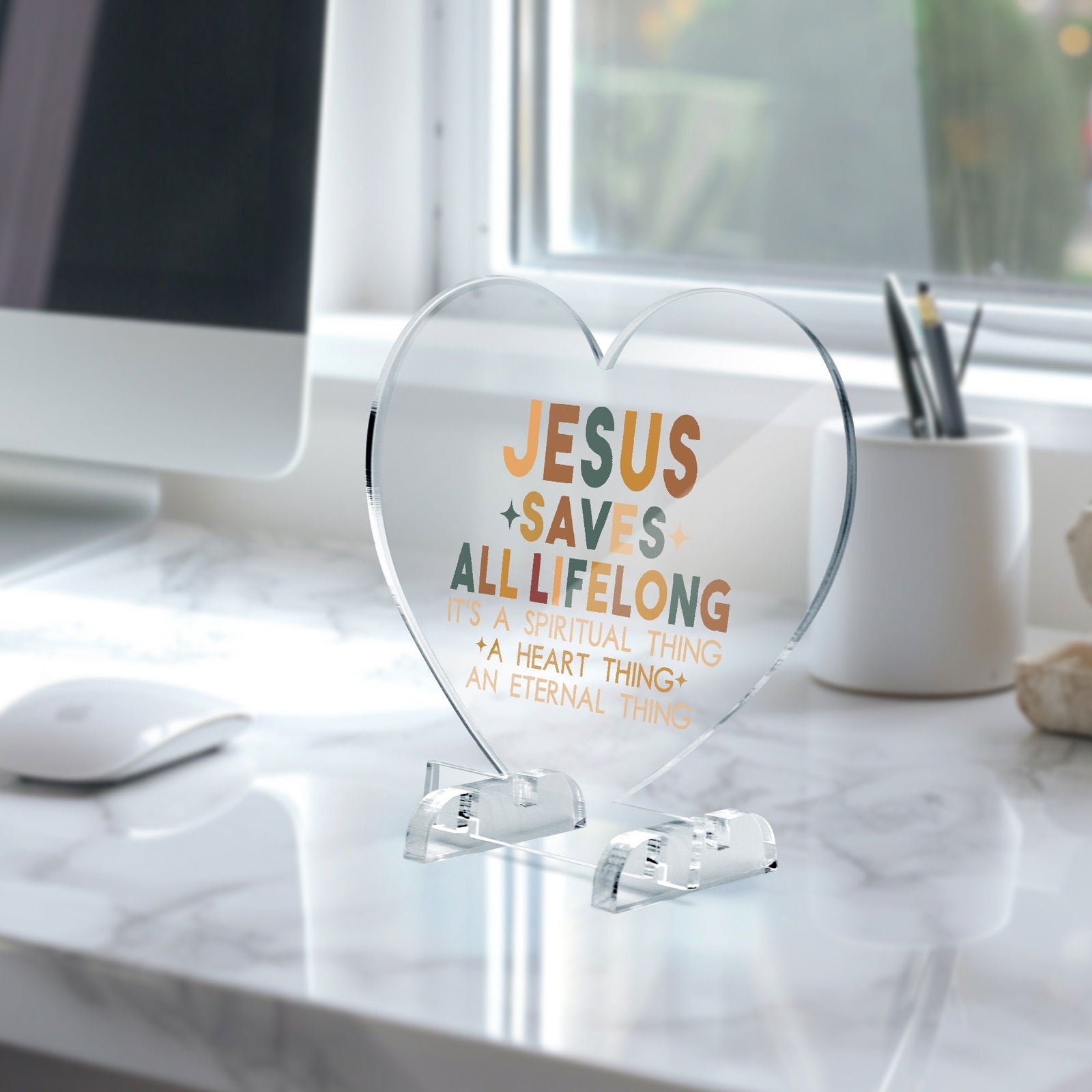 He Saves All Life Long Christian Acrylic Plaque with Stand - Heart - ClaimedbyGodDesigns