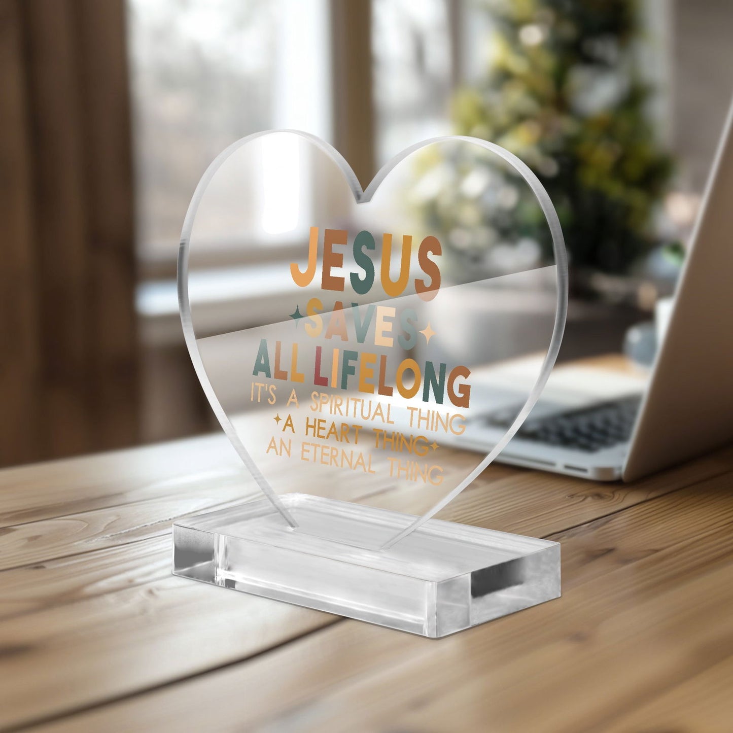 He Saves All Life Long Christian Acrylic Plaque with Stand - Heart - ClaimedbyGodDesigns