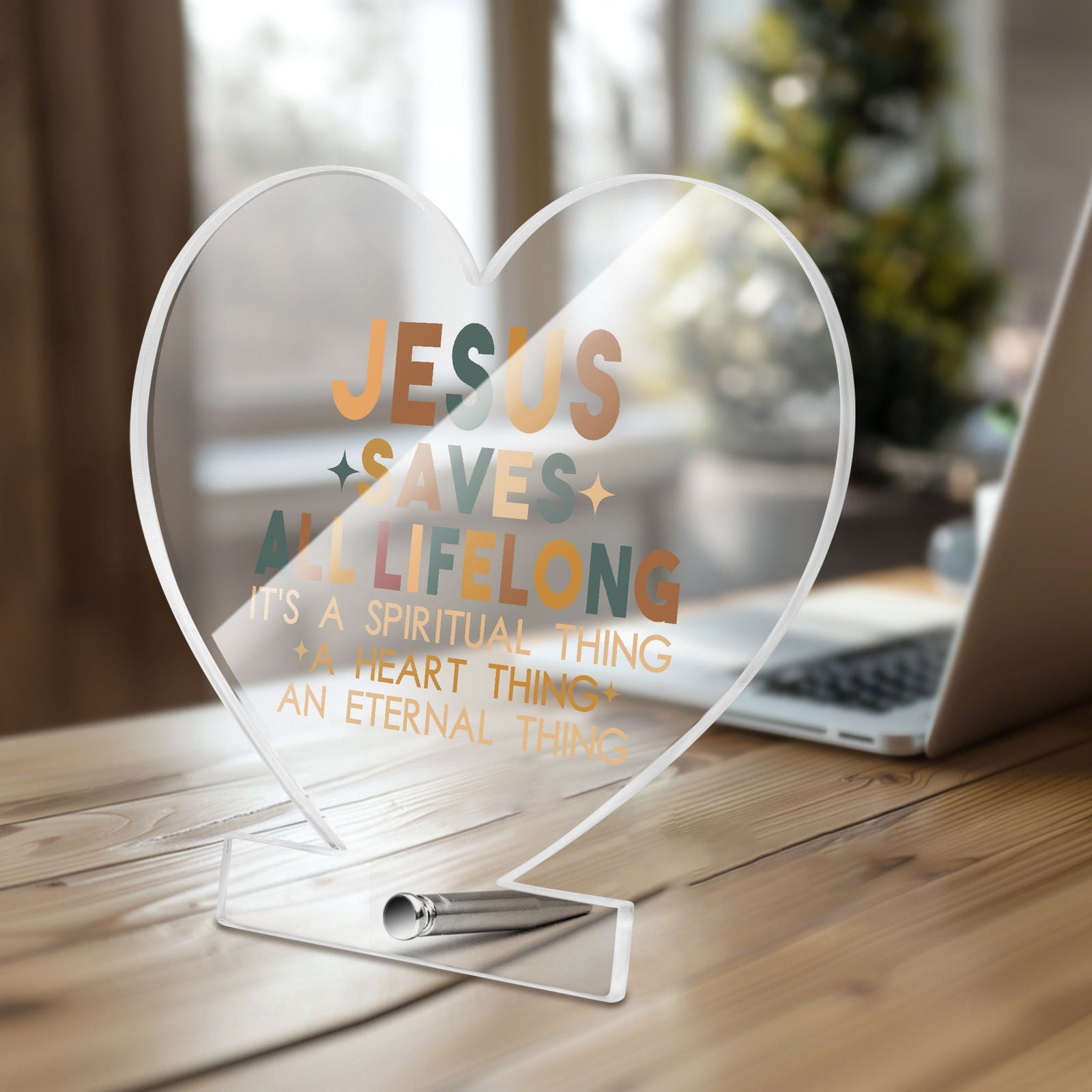 He Saves All Life Long Christian Acrylic Plaque with Stand - Heart - ClaimedbyGodDesigns