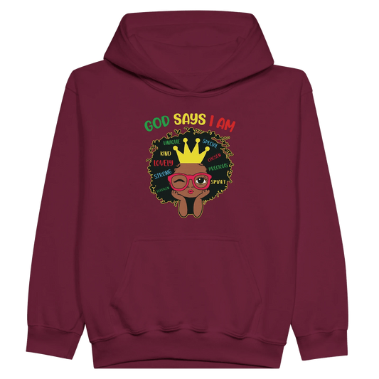 He Says I Am Christian Youth Midweight Fleece Youth Hooded Sweatshirt - ClaimedbyGodDesigns