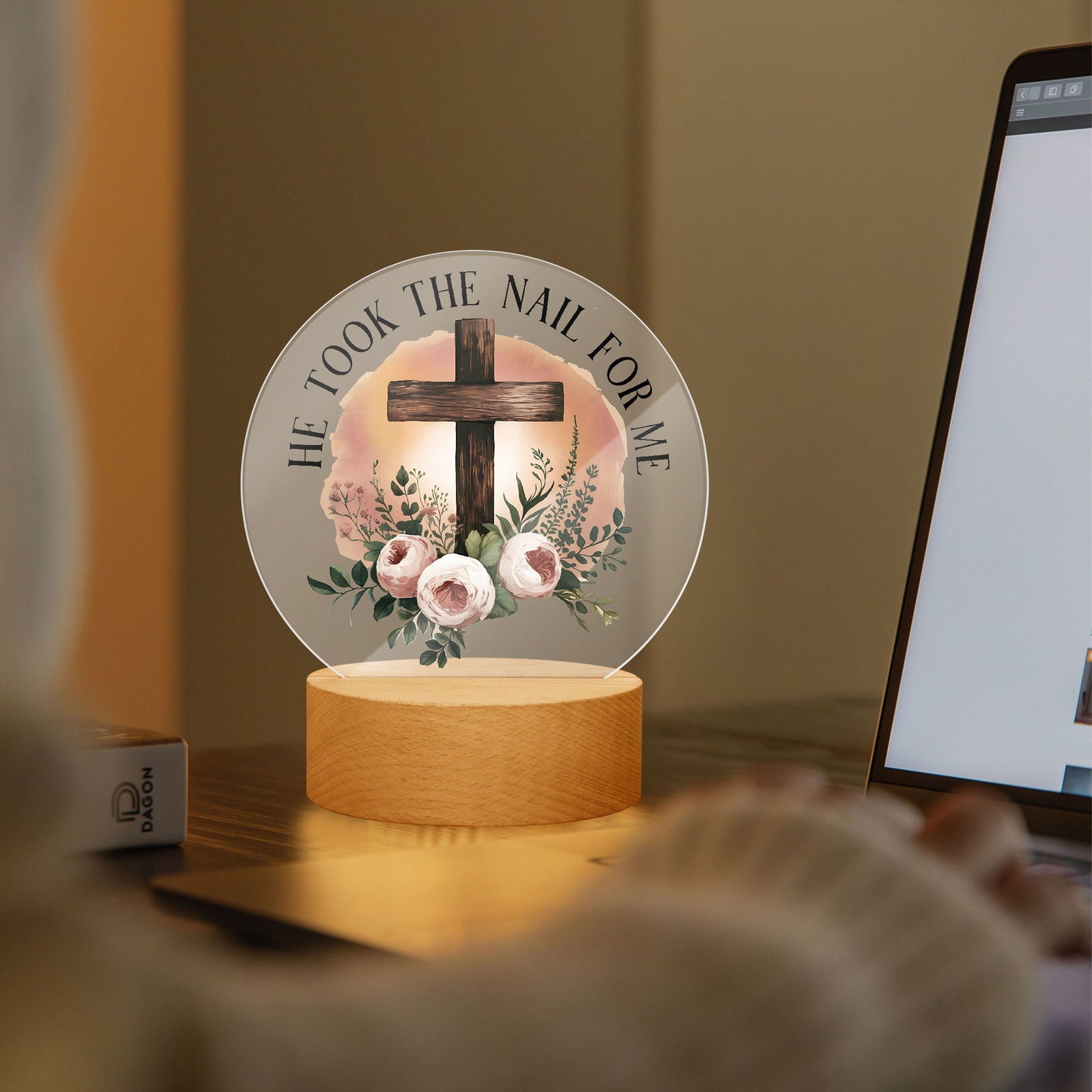 He Took The Nail For Me Christian Acrylic Plaque with Stand - Round - ClaimedbyGodDesigns